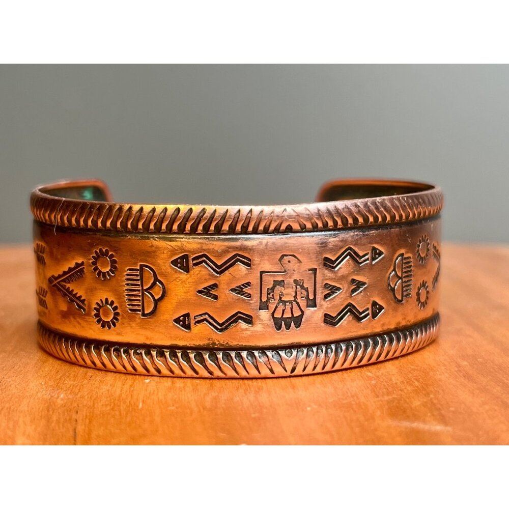 Early Vintage Bell Trading Post Copper Thunderbird Story Teller Cuff Bracelet of